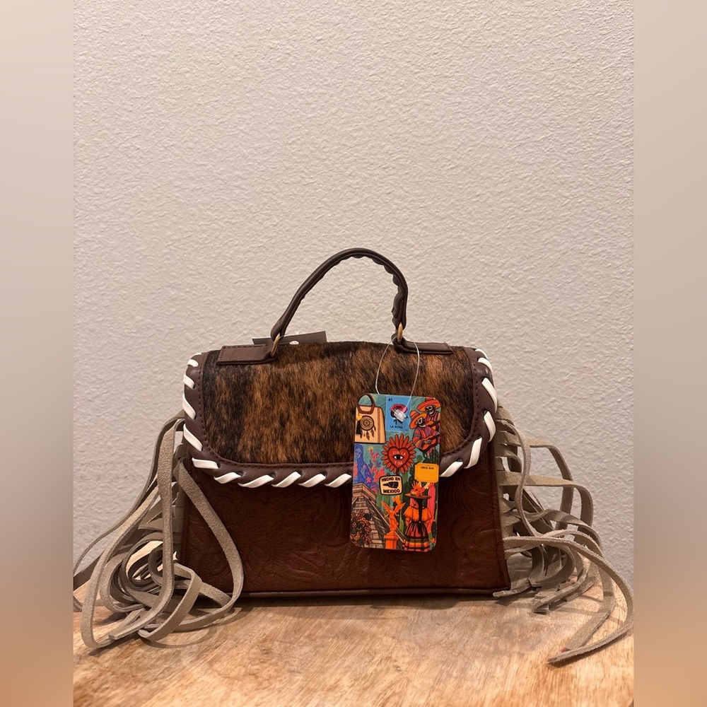 Brown and White Satchel with Fringe